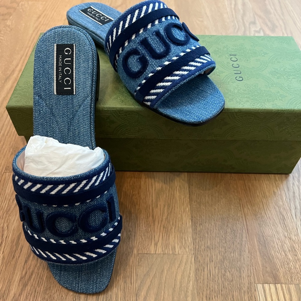 BRAND NEW GUCCI WOMEN'S JANE LOGO DENIM SLIDE SANDAL